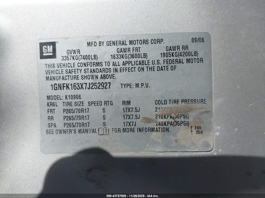 2007 Chevrolet Suburban 1500 Lt VIN: 1GNFK163X7J252927 Lot: 43787000