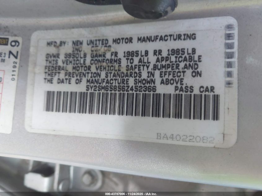 2006 Pontiac Vibe VIN: 5Y2SM65856Z452366 Lot: 43787006