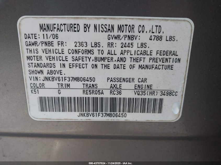 2007 Infiniti G35X VIN: JNKBV61F37M806450 Lot: 43787024