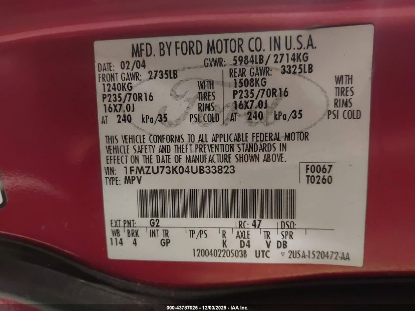 2004 Ford Explorer Nbx/Xlt VIN: 1FMZU73K04UB33823 Lot: 43787026