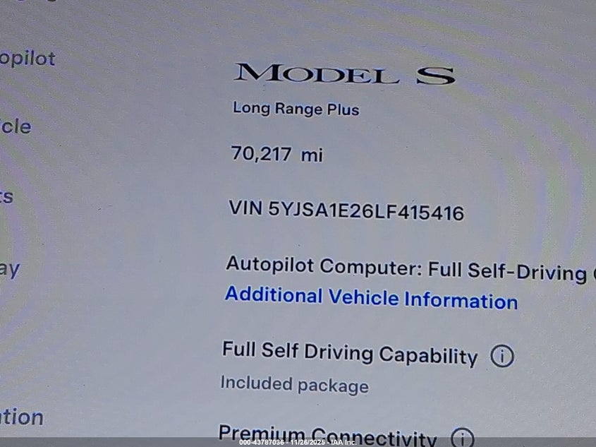 2020 Tesla Model S Long Range Dual Motor All-Wheel Drive/Long Range Plus Dual Motor All-Wheel Drive VIN: 5YJSA1E26LF415416 Lot: 43787036
