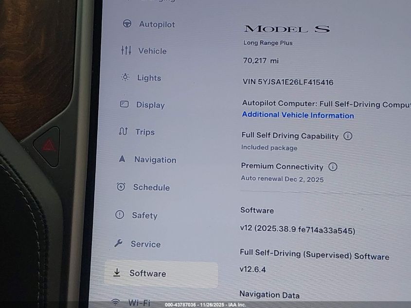 2020 Tesla Model S Long Range Dual Motor All-Wheel Drive/Long Range Plus Dual Motor All-Wheel Drive VIN: 5YJSA1E26LF415416 Lot: 43787036