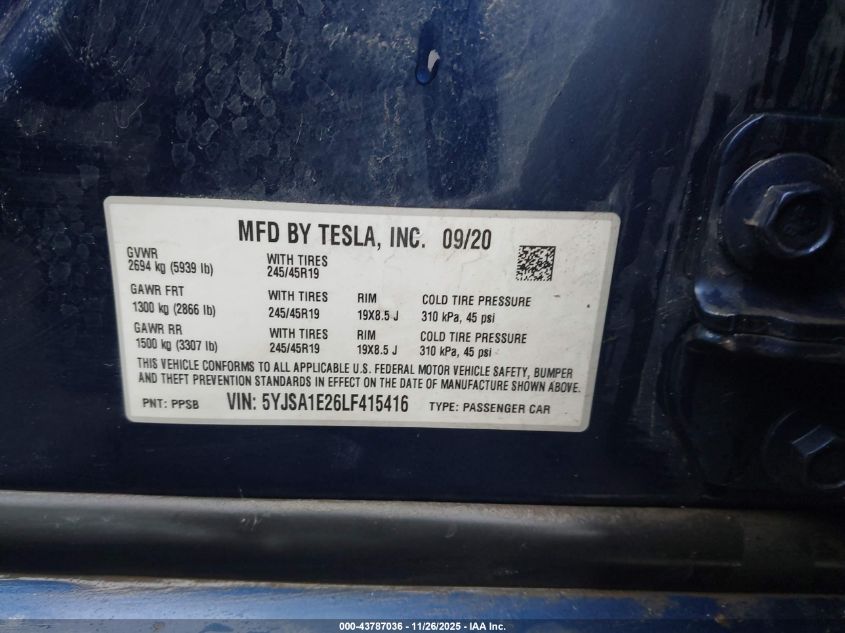 2020 Tesla Model S Long Range Dual Motor All-Wheel Drive/Long Range Plus Dual Motor All-Wheel Drive VIN: 5YJSA1E26LF415416 Lot: 43787036