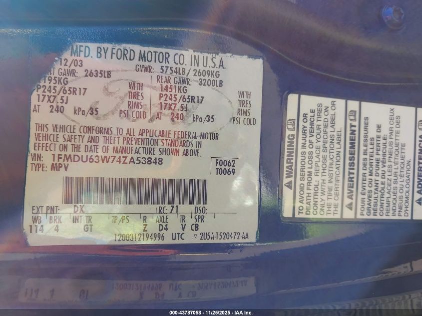 2004 Ford Explorer Xlt VIN: 1FMDU63W74ZA53848 Lot: 43787058