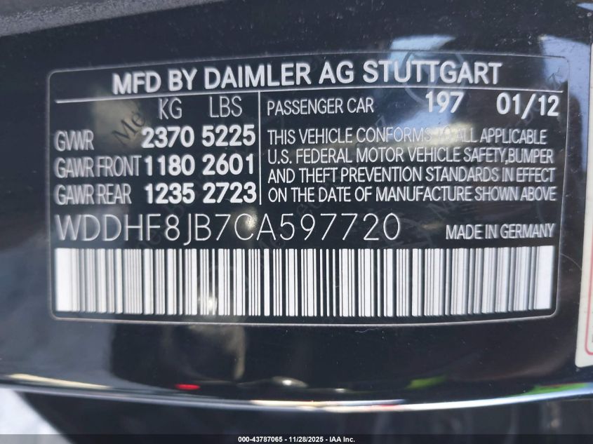 2012 Mercedes-Benz E 350 4Matic VIN: WDDHF8JB7CA597720 Lot: 43787065