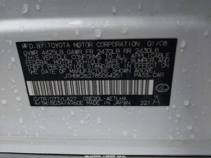 2008 Lexus Is 250 VIN: JTHBK262785064251 Lot: 43787076