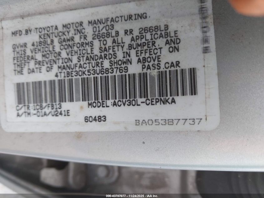 2003 Toyota Camry Le VIN: 4T1BE30K53U683769 Lot: 43787077