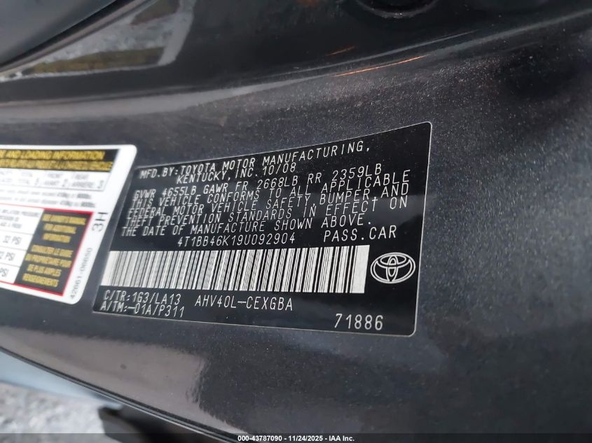 2009 Toyota Camry Hybrid VIN: 4T1BB46K19U092904 Lot: 43787090