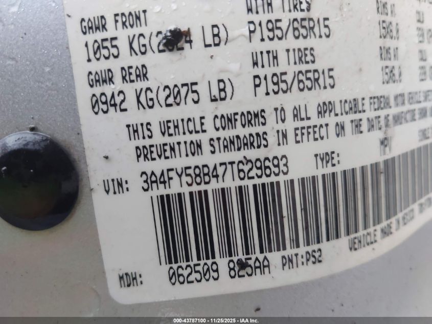 2007 Chrysler Pt Cruiser Touring VIN: 3A4FY58B47T629693 Lot: 43787100