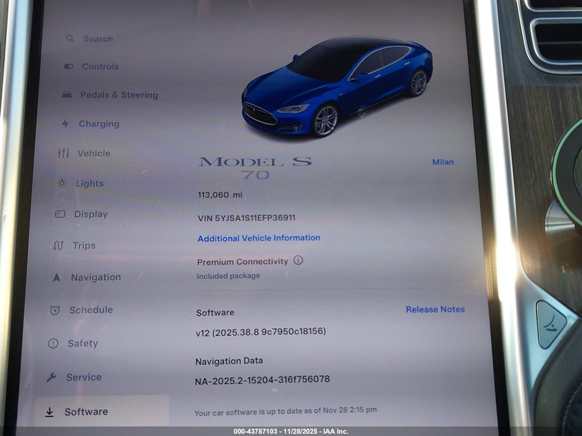 2014 Tesla Model S VIN: 5YJSA1S11EFP36911 Lot: 43787103