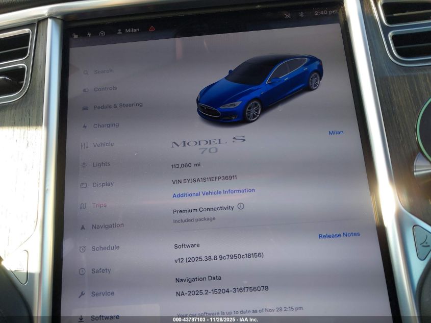 2014 Tesla Model S VIN: 5YJSA1S11EFP36911 Lot: 43787103