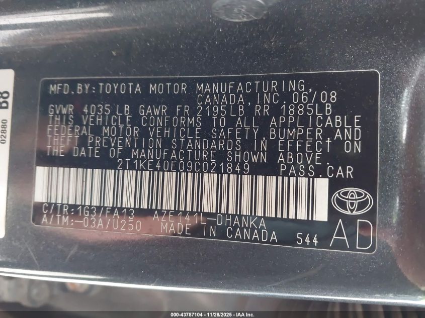 2009 Toyota Matrix S VIN: 2T1KE40E09C021849 Lot: 43787104