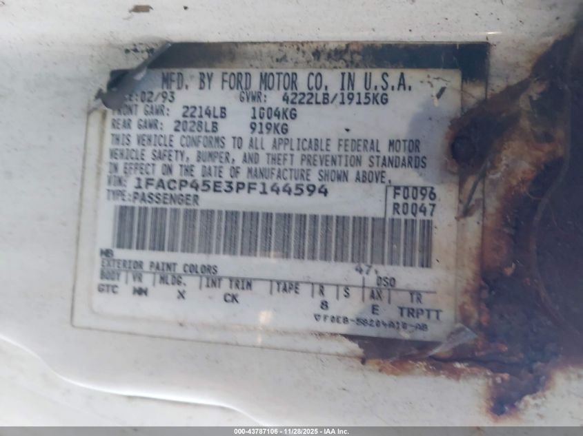 1993 Ford Mustang Gt/Cobra Gt VIN: 1FACP45E3PF144594 Lot: 43787106