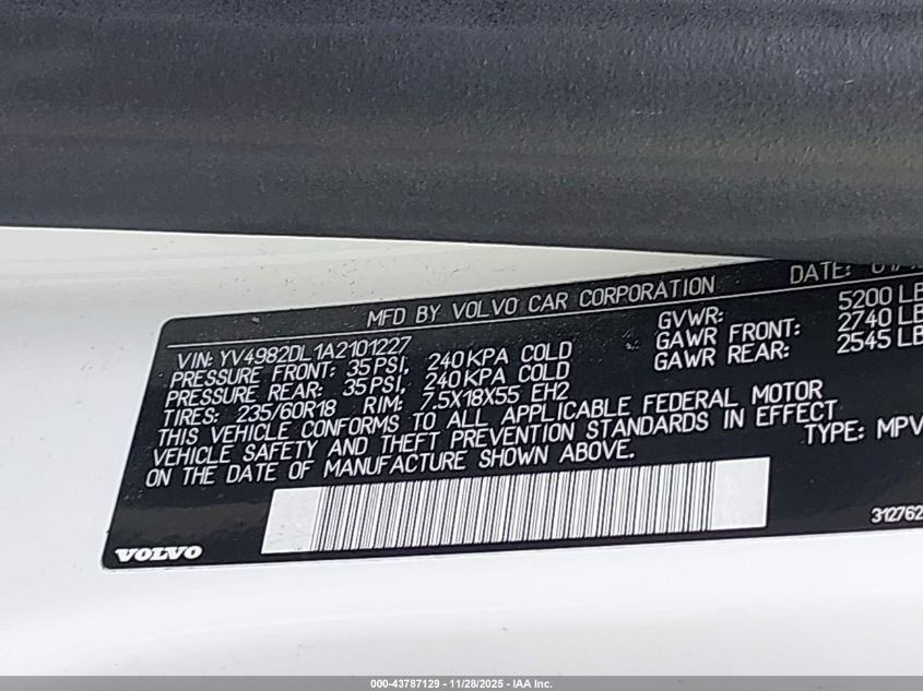 2010 Volvo Xc60 3.2 VIN: YV4982DL1A2101227 Lot: 43787129