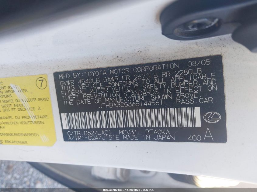 2006 Lexus Es 330 VIN: JTHBA30G365144561 Lot: 43787133