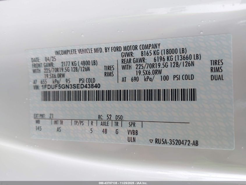 2025 Ford F-550 Chassis Xl VIN: 1FDUF5GN3SED43840 Lot: 43787135