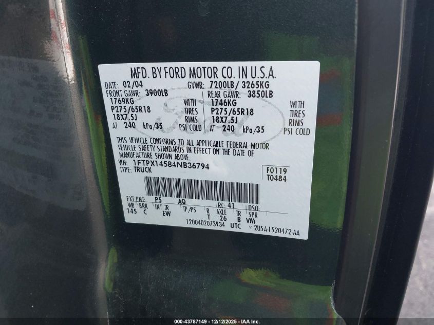 2004 Ford F-150 Fx4/Lariat/Xl/Xlt VIN: 1FTPX14584NB36794 Lot: 43787149