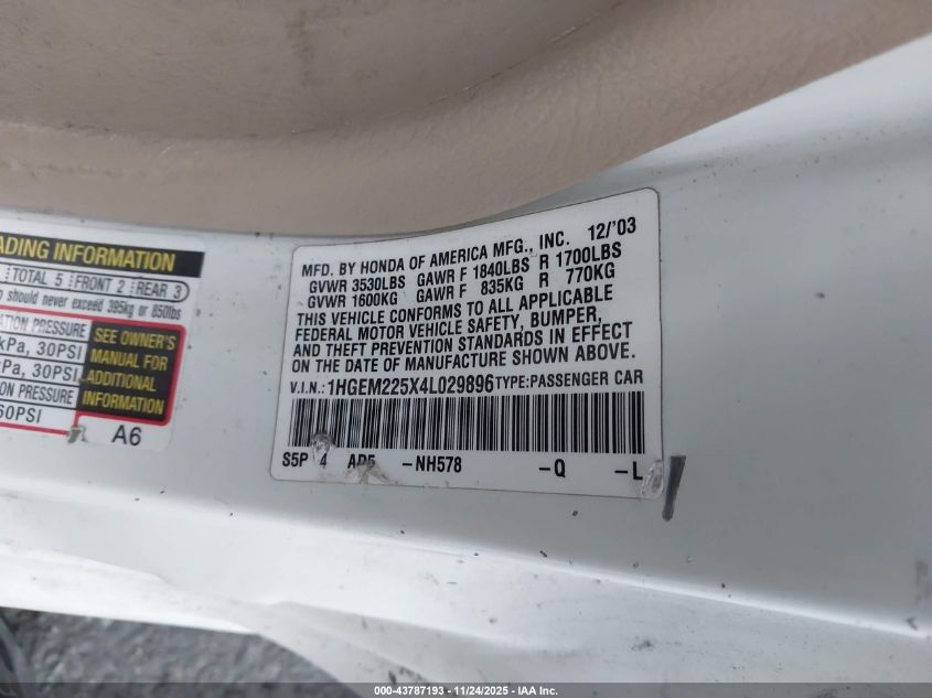 2004 Honda Civic Lx VIN: 1HGEM225X4L029896 Lot: 43787193