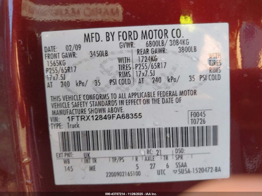 2009 Ford F-150 Stx/Xl/Xlt VIN: 1FTRX12849FA68355 Lot: 43787214