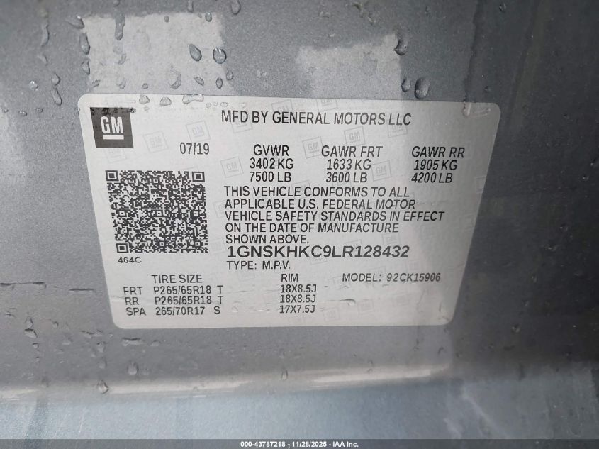 2020 Chevrolet Suburban 4Wd Lt VIN: 1GNSKHKC9LR128432 Lot: 43787218