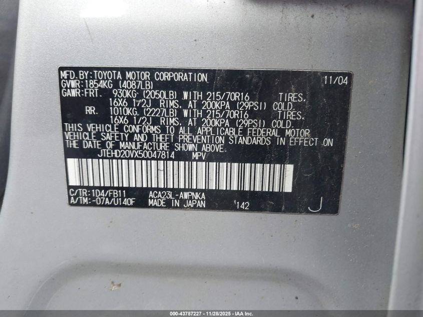 2005 Toyota Rav4 VIN: JTEHD20VX50047814 Lot: 43787227