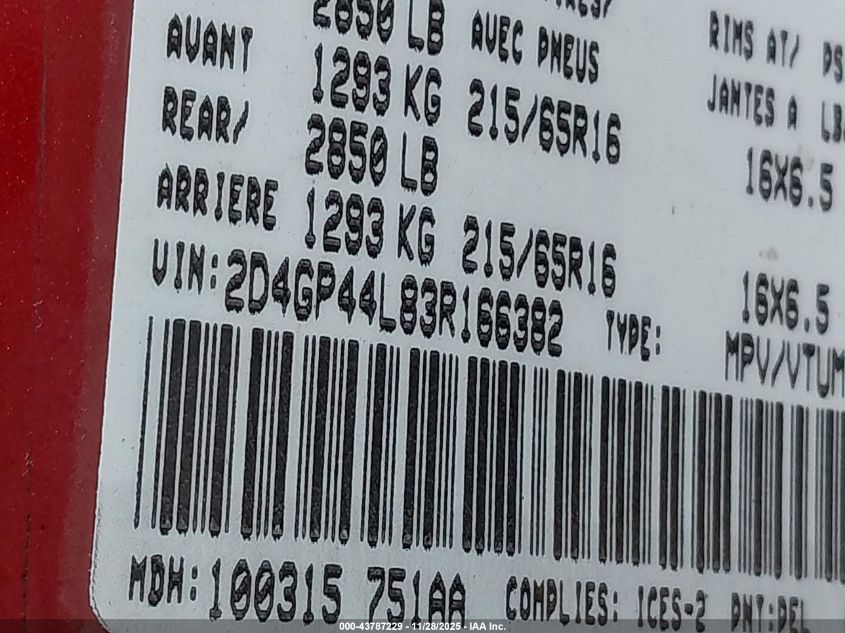 2003 Dodge Grand Caravan Sport VIN: 2D4GP44L83R166382 Lot: 43787229