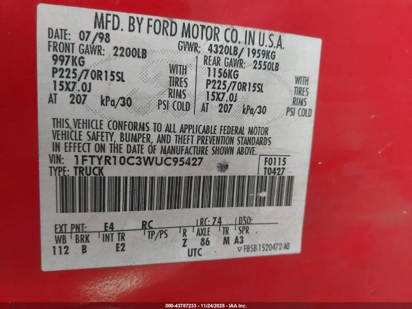 1998 Ford Ranger Splash/Xl/Xlt VIN: 1FTYR10C3WUC95427 Lot: 43787233