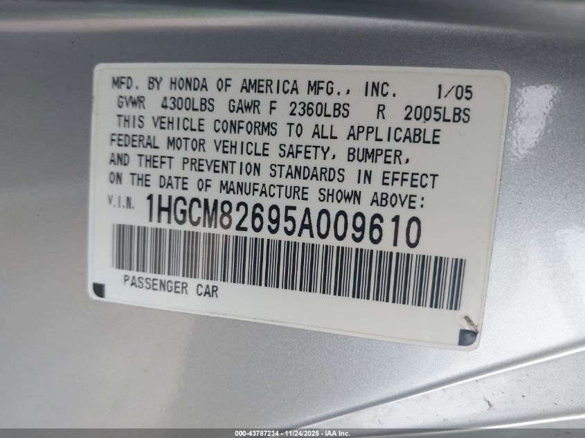 2005 Honda Accord 3.0 Ex VIN: 1HGCM82695A009610 Lot: 43787234
