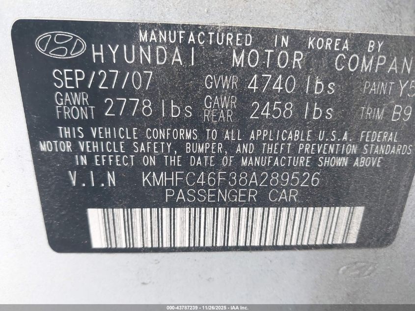 2008 Hyundai Azera Limited VIN: KMHFC46F38A289526 Lot: 43787239
