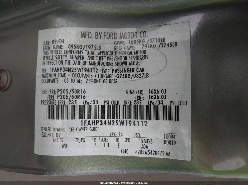 2005 Ford Focus Zx4 VIN: 1FAHP34N25W194112 Lot: 43787244