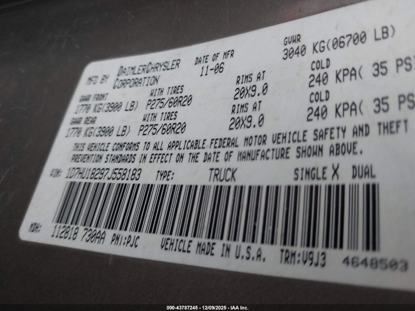 2007 Dodge Ram 1500 Slt/Trx4 Off Road/Sport VIN: 1D7HU18297J558183 Lot: 43787245