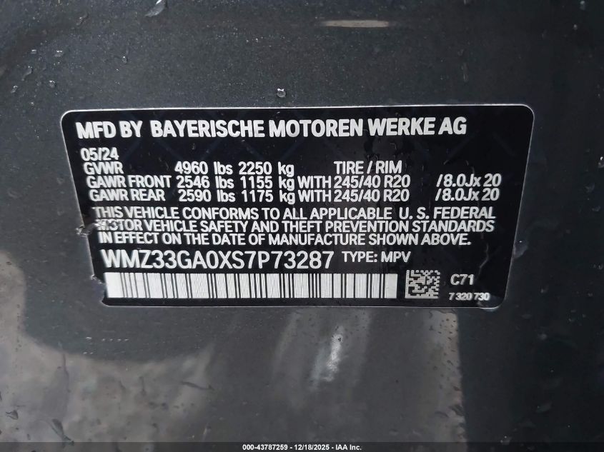 2025 Mini Countryman John Cooper Works VIN: WMZ33GA0XS7P73287 Lot: 43787259