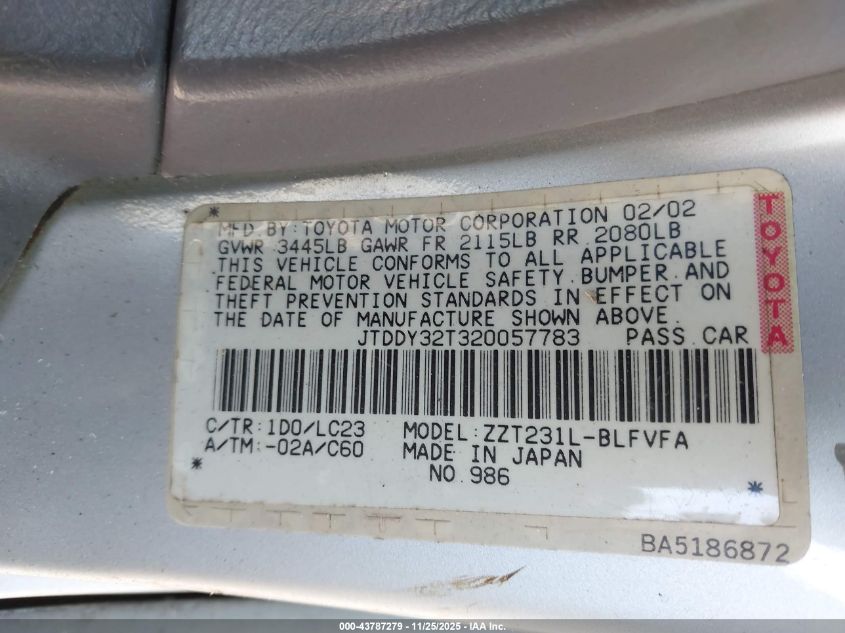 2002 Toyota Celica Gts VIN: JTDDY32T320057783 Lot: 43787279