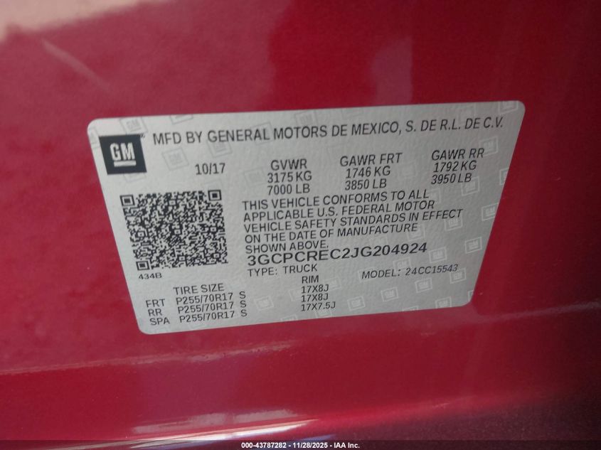 2018 Chevrolet Silverado 1500 1Lt VIN: 3GCPCREC2JG204924 Lot: 43787282