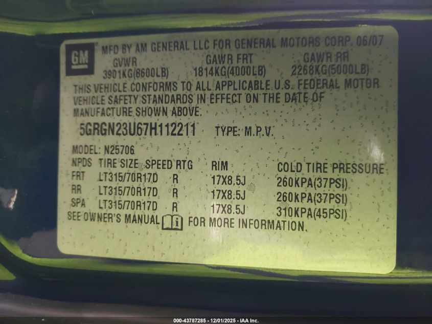 2007 Hummer H2 Suv VIN: 5GRGN23U67H112211 Lot: 43787285