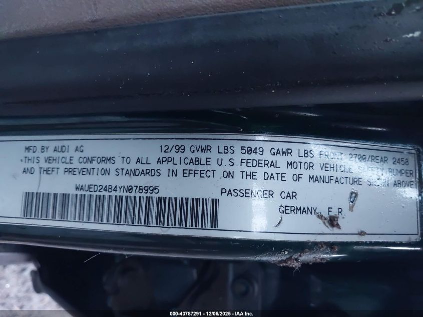 2000 Audi A6 2.7T VIN: WAUED24B4YN076995 Lot: 43787291