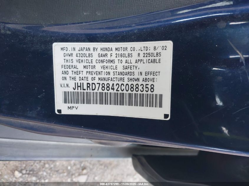 2002 Honda Cr-V Ex VIN: JHLRD78842C088358 Lot: 43787299