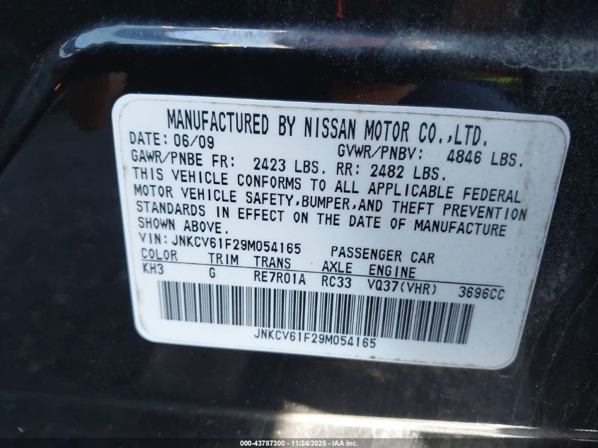 2009 Infiniti G37X VIN: JNKCV61F29M054165 Lot: 43787300