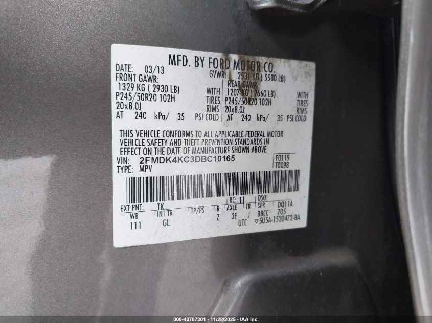 2013 Ford Edge Limited VIN: 2FMDK4KC3DBC10165 Lot: 43787301