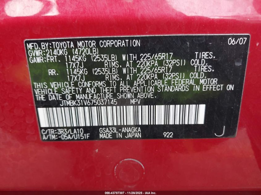2007 Toyota Rav4 Limited V6 VIN: JTMBK31V675037145 Lot: 43787307