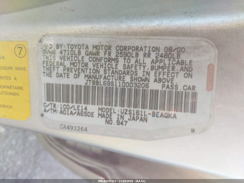 2001 Lexus Gs 430 VIN: JT8BL69S110003206 Lot: 43787311