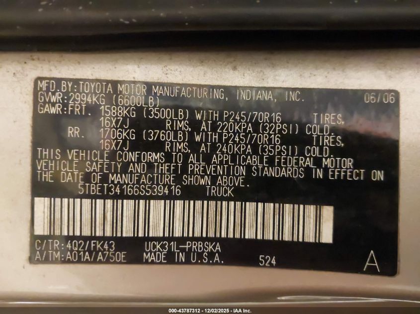 2006 Toyota Tundra Sr5 V8 VIN: 5TBET34166S539416 Lot: 43787312