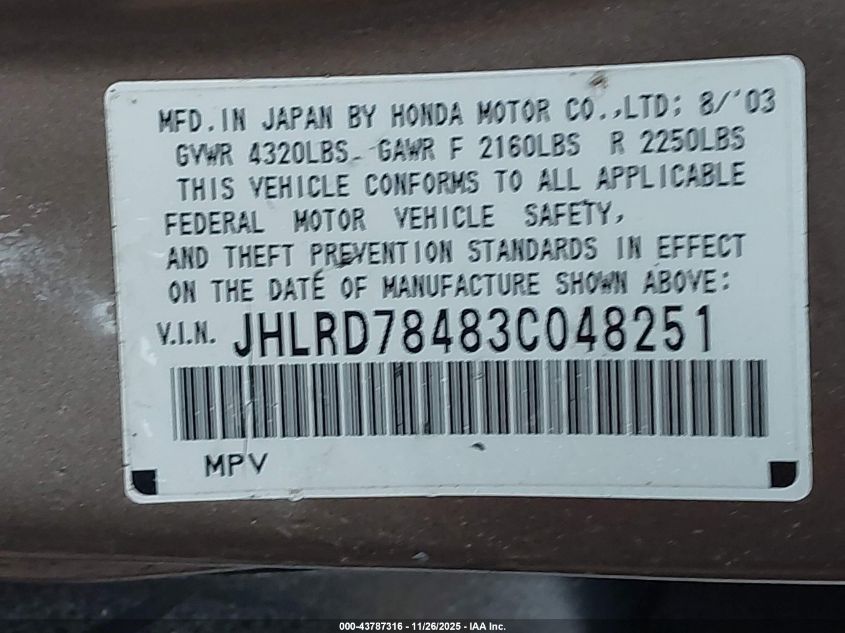 2003 Honda Cr-V Lx VIN: JHLRD78483C048251 Lot: 43787316