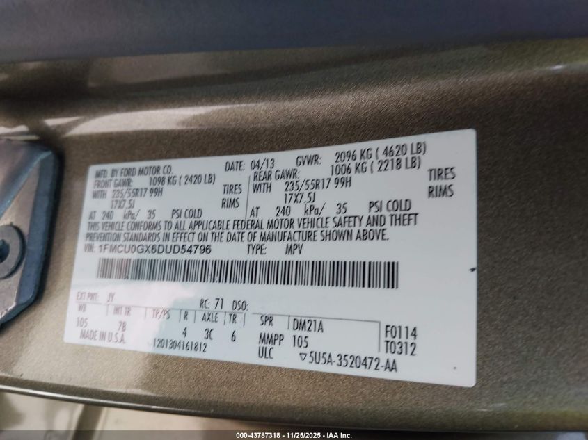 2013 Ford Escape Se VIN: 1FMCU0GX6DUD54796 Lot: 43787318