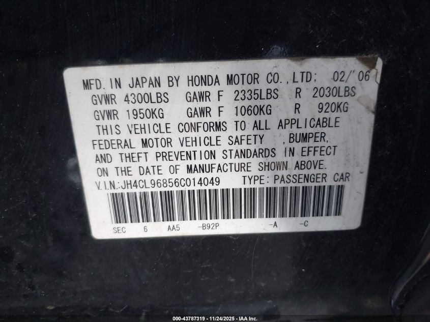 2006 Acura Tsx VIN: JH4CL96856C014049 Lot: 43787319