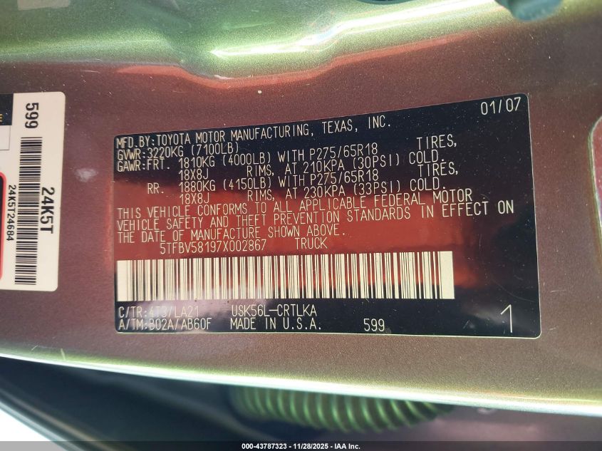 2007 Toyota Tundra Limited 5.7L V8 VIN: 5TFBV58197X002867 Lot: 43787323