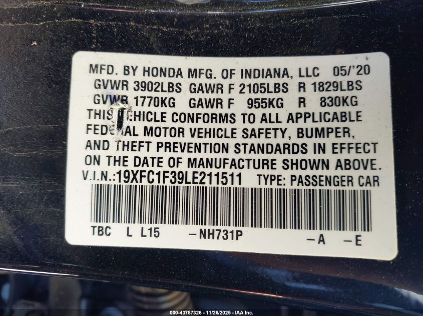 2020 Honda Civic Ex VIN: 19XFC1F39LE211511 Lot: 43787326