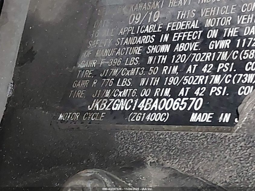 2011 Kawasaki Zg1400 C VIN: JKBZGNC14BA006570 Lot: 43787328