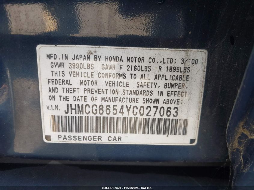 2000 Honda Accord 2.3 Lx VIN: JHMCG6654YC027063 Lot: 43787329