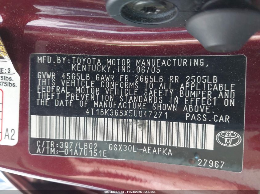 2005 Toyota Avalon Limited VIN: 4T1BK36BX5U047271 Lot: 43787333